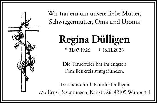 Traueranzeige von Regina Dülligen von trauer.wuppertaler-rundschau.de