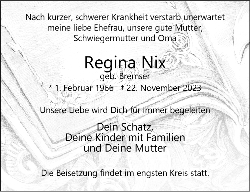  Traueranzeige für Regina Nix vom 03.12.2023 aus trauer.extra-tipp-moenchengladbach.de
