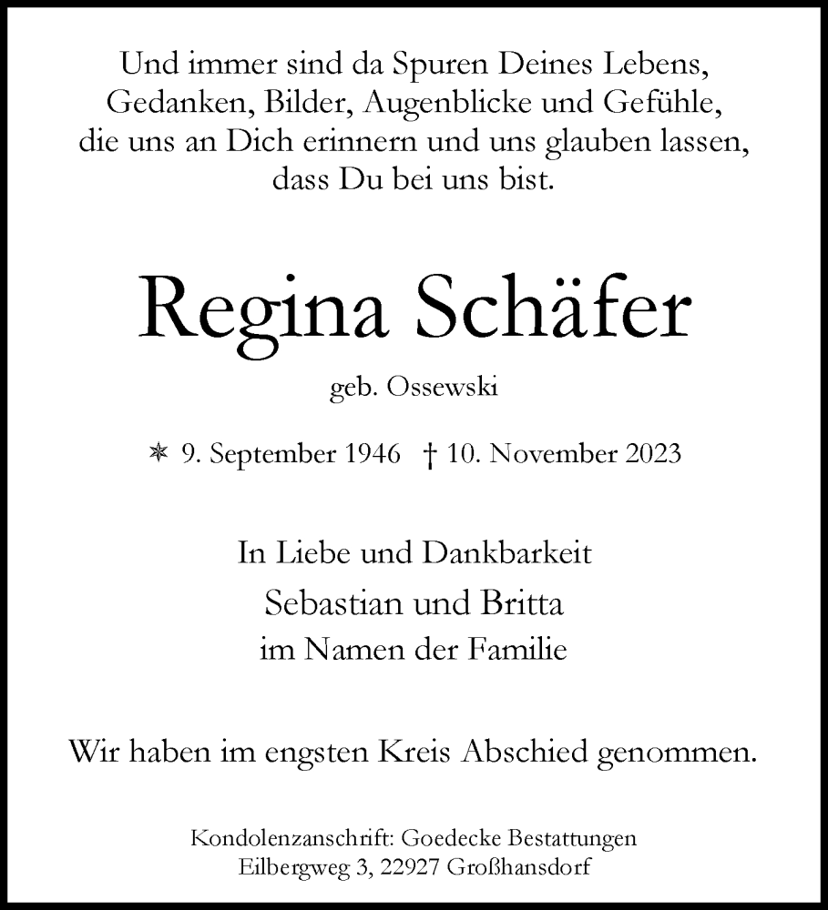  Traueranzeige für Regina Schäfer vom 25.11.2023 aus trauer.wuppertaler-rundschau.de