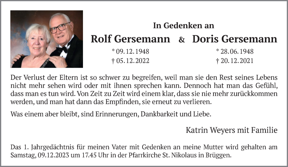  Traueranzeige für Rolf und Doris Gersemann vom 03.12.2023 aus trauer.extra-tipp-moenchengladbach.de