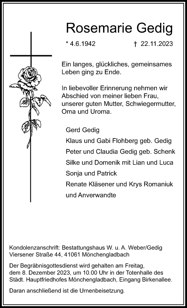  Traueranzeige für Rosemarie Gedig vom 03.12.2023 aus trauer.extra-tipp-moenchengladbach.de