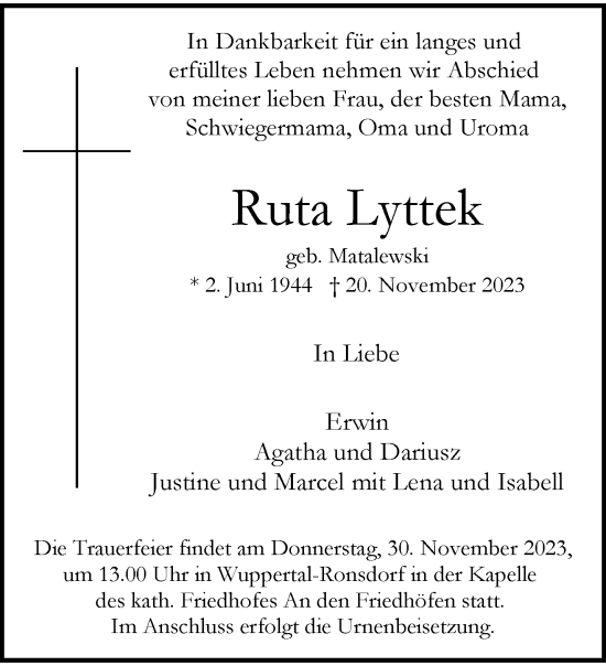 Traueranzeige von Ruta Lyttek von trauer.wuppertaler-rundschau.de