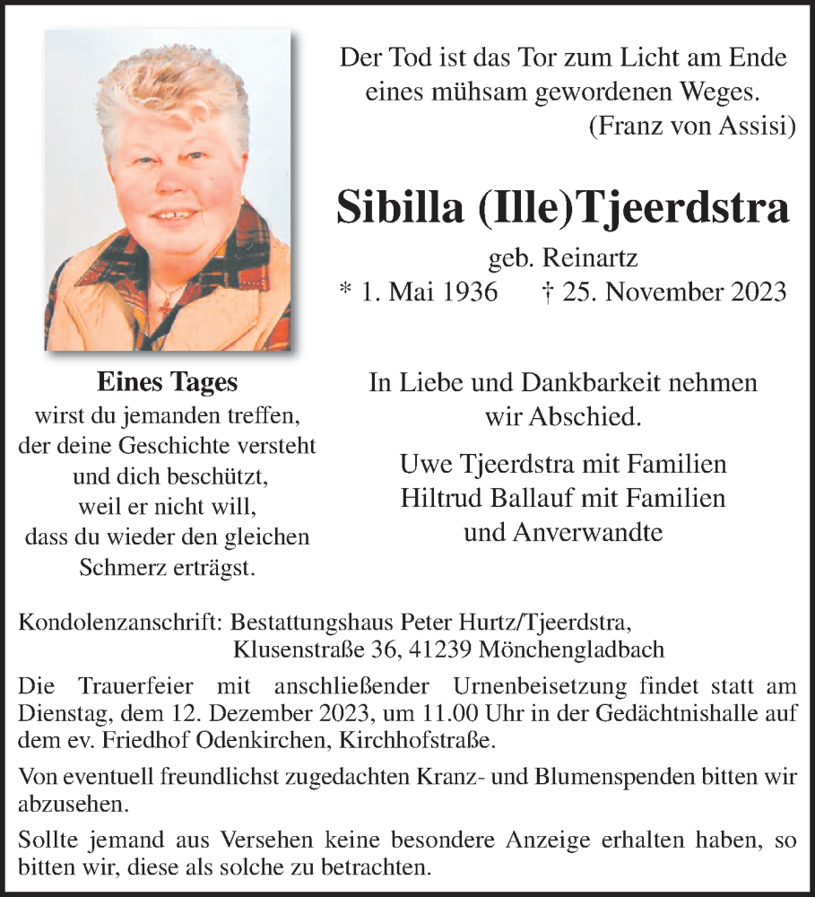  Traueranzeige für Sibilla Tjeerdstra vom 03.12.2023 aus trauer.extra-tipp-moenchengladbach.de