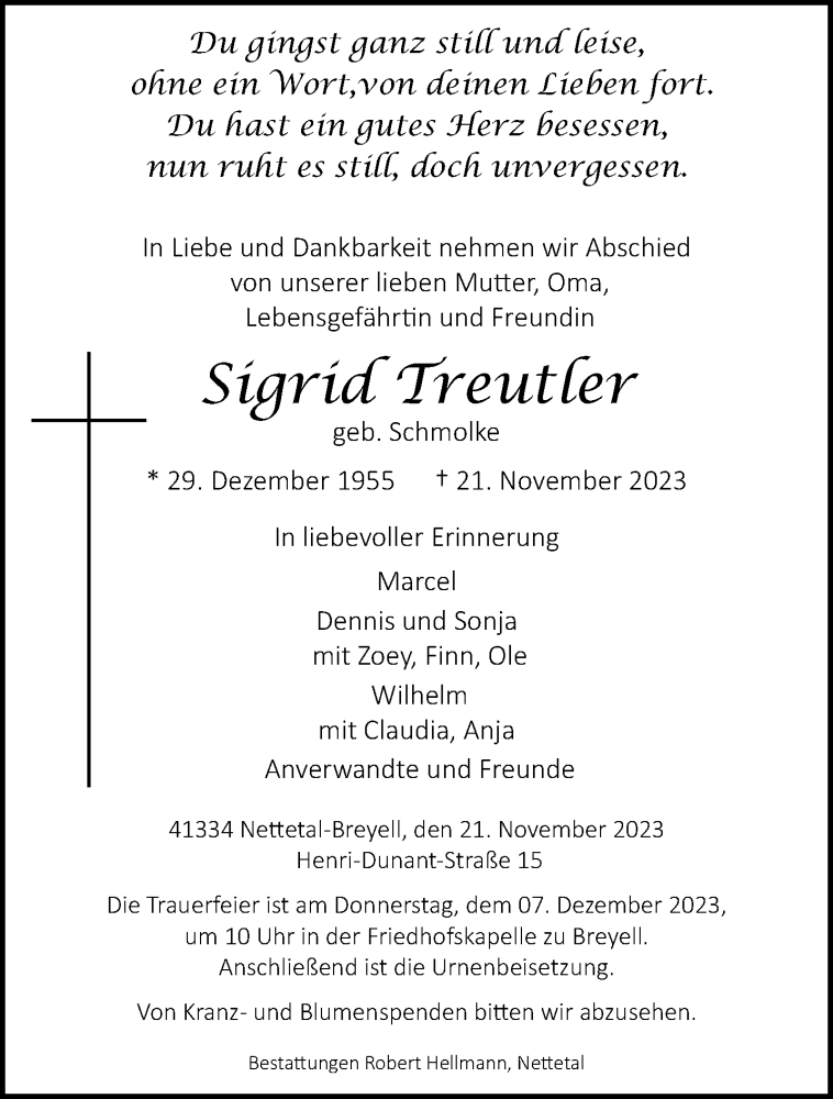  Traueranzeige für Sigrid Treutler vom 26.11.2023 aus trauer.extra-tipp-moenchengladbach.de