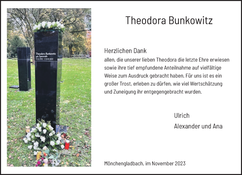  Traueranzeige für Theodora Bunkowitz vom 03.12.2023 aus trauer.extra-tipp-moenchengladbach.de
