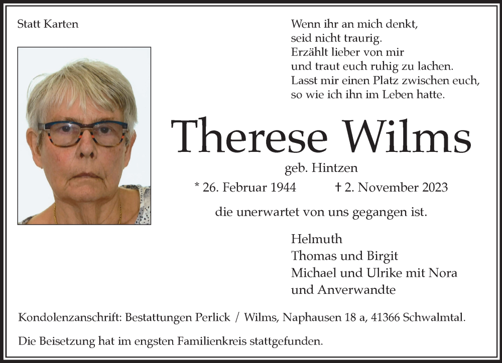  Traueranzeige für Therese Wilms vom 12.11.2023 aus trauer.extra-tipp-moenchengladbach.de