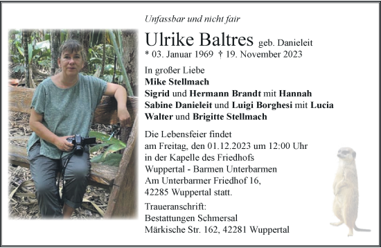 Traueranzeige von Ulrike Baltres von trauer.wuppertaler-rundschau.de