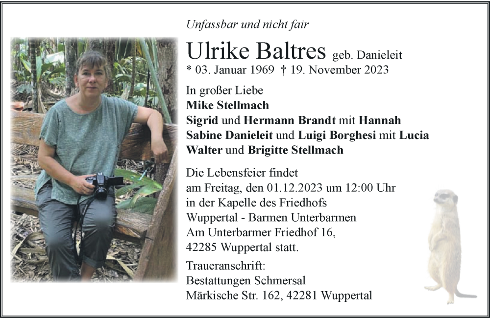  Traueranzeige für Ulrike Baltres vom 25.11.2023 aus trauer.wuppertaler-rundschau.de