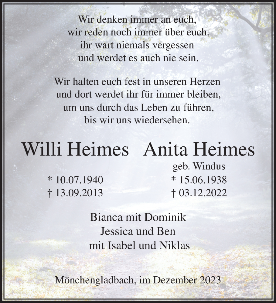  Traueranzeige für Willi und Anita Heimes vom 03.12.2023 aus trauer.extra-tipp-moenchengladbach.de