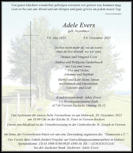 Traueranzeige von Adele Evers von trauer.extra-tipp-moenchengladbach.de