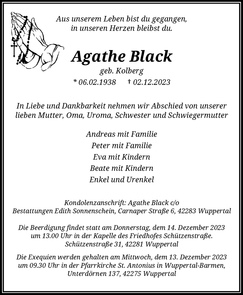  Traueranzeige für Agathe Black vom 09.12.2023 aus trauer.wuppertaler-rundschau.de