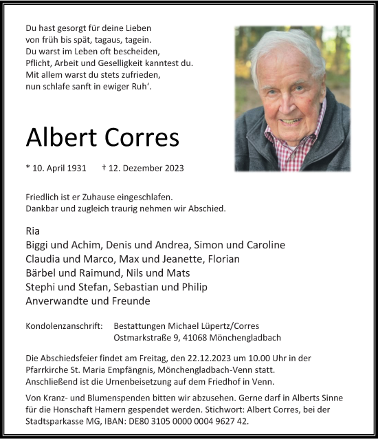 Traueranzeige von Albert Corres von trauer.extra-tipp-moenchengladbach.de