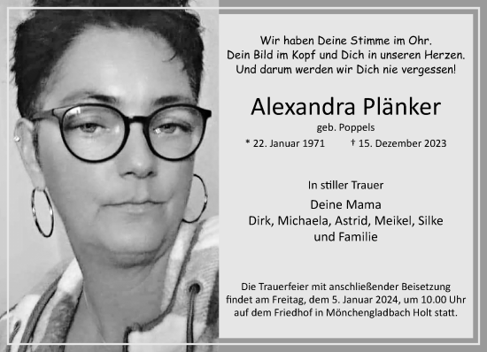Traueranzeige von Alexandra Plänker von trauer.extra-tipp-moenchengladbach.de