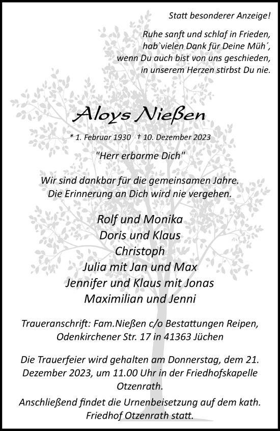 Traueranzeige von Aloys Nießen von trauer.stadt-kurier.de