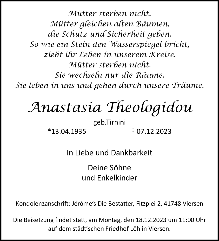  Traueranzeige für Anastasia Theologidou vom 17.12.2023 aus trauer.extra-tipp-moenchengladbach.de