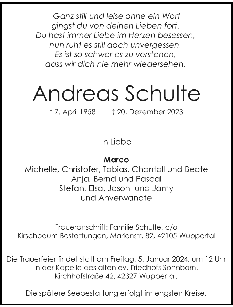  Traueranzeige für Andreas Schulte vom 30.12.2023 aus trauer.wuppertaler-rundschau.de