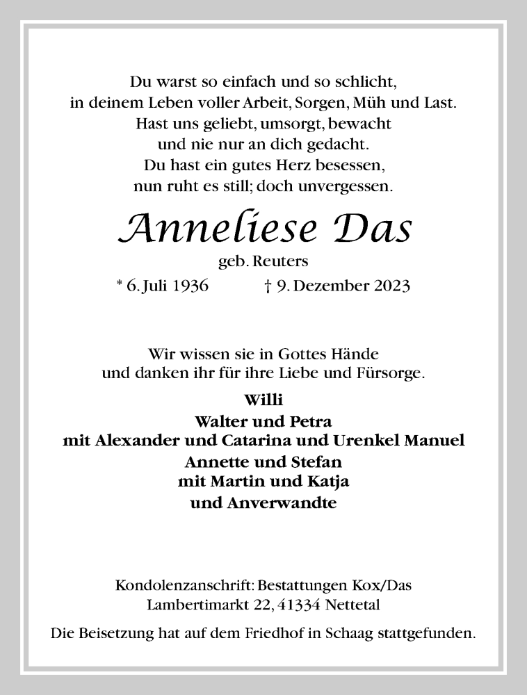  Traueranzeige für Anneliese Das vom 17.12.2023 aus trauer.extra-tipp-moenchengladbach.de