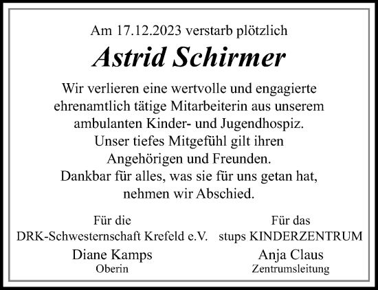 Traueranzeige von Astrid Schirmer von trauer.extra-tipp-moenchengladbach.de