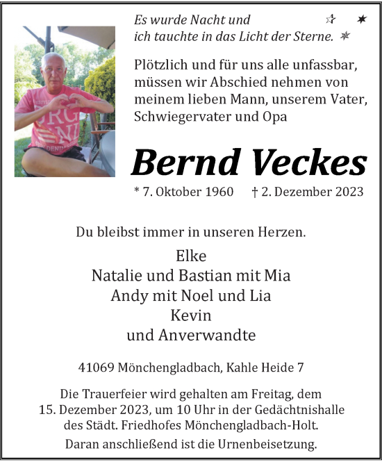 Traueranzeige von Bernd Veckes von trauer.extra-tipp-moenchengladbach.de