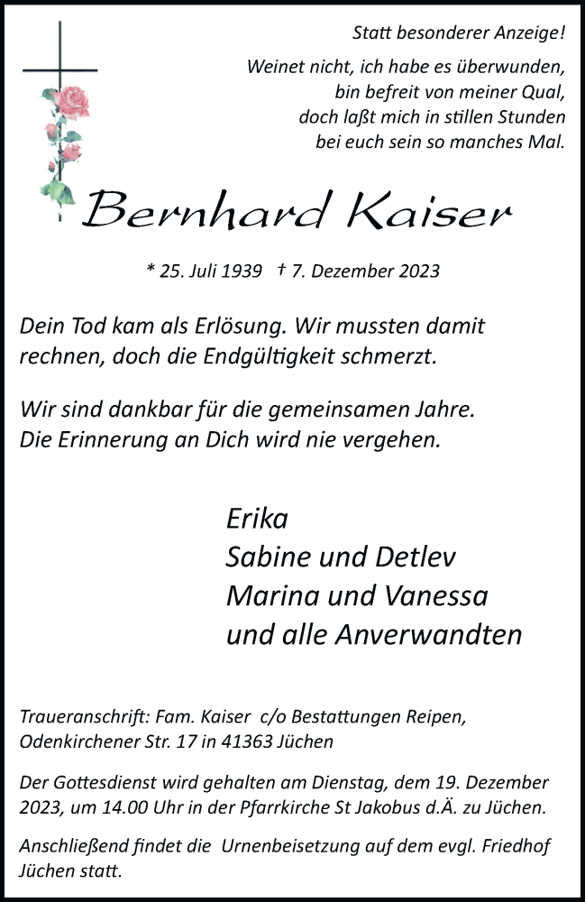  Traueranzeige für Bernhard Kaiser vom 16.12.2023 aus trauer.stadt-kurier.de