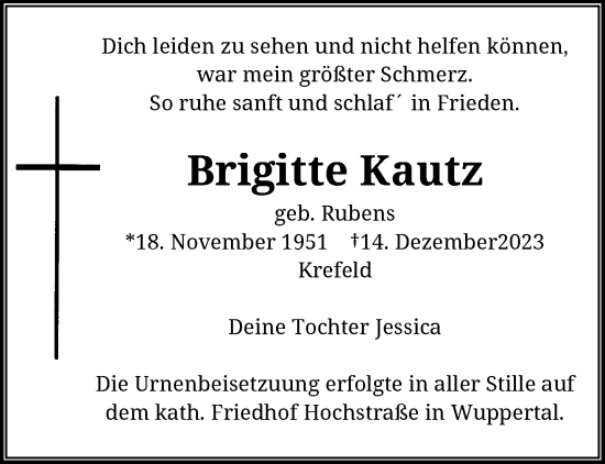 Traueranzeige von Brigitte Kautz von trauer.wuppertaler-rundschau.de