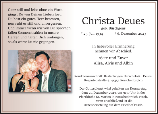 Traueranzeige von Christa Deues von trauer.extra-tipp-moenchengladbach.de