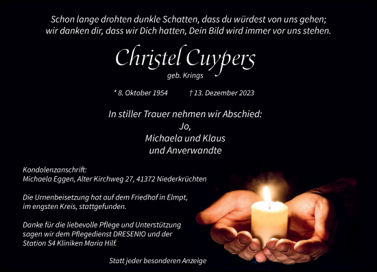 Traueranzeige von Christel Cuypers von trauer.extra-tipp-moenchengladbach.de