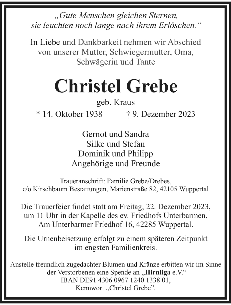  Traueranzeige für Christel Grebe vom 16.12.2023 aus trauer.wuppertaler-rundschau.de