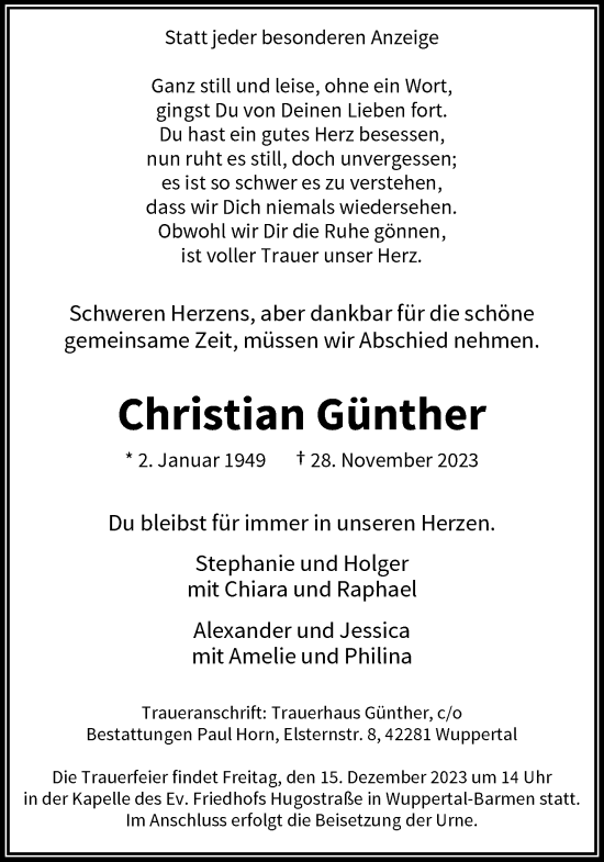 Traueranzeige von Christian Günther von trauer.wuppertaler-rundschau.de