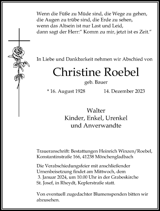 Traueranzeige von Christine Roebel von trauer.extra-tipp-moenchengladbach.de