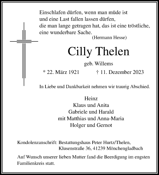 Traueranzeige von Cilli Thelen von trauer.extra-tipp-moenchengladbach.de
