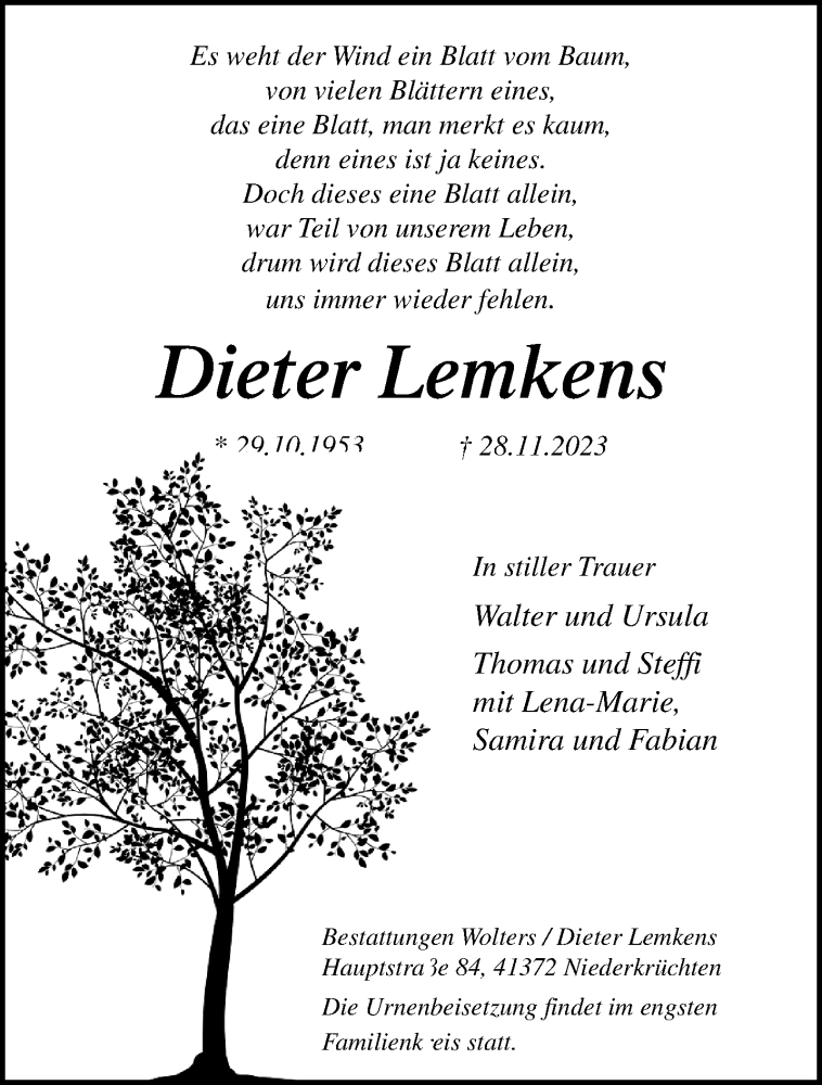  Traueranzeige für Dieter Lemkens vom 17.12.2023 aus trauer.extra-tipp-moenchengladbach.de