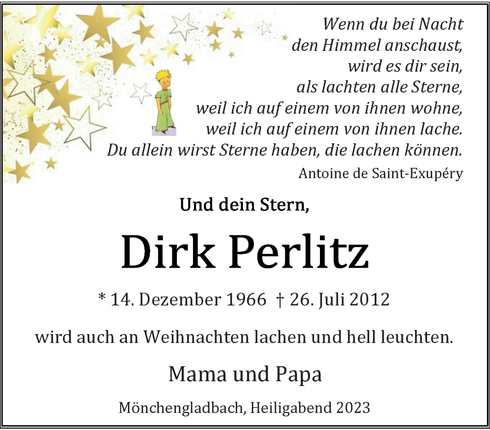  Traueranzeige für Dirk Perlitz vom 24.12.2023 aus trauer.extra-tipp-moenchengladbach.de