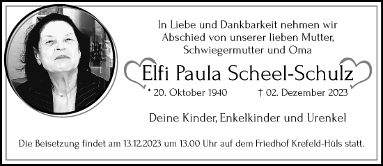Traueranzeige von Elfi Paula Scheel-Schulz von trauer.extra-tipp-moenchengladbach.de