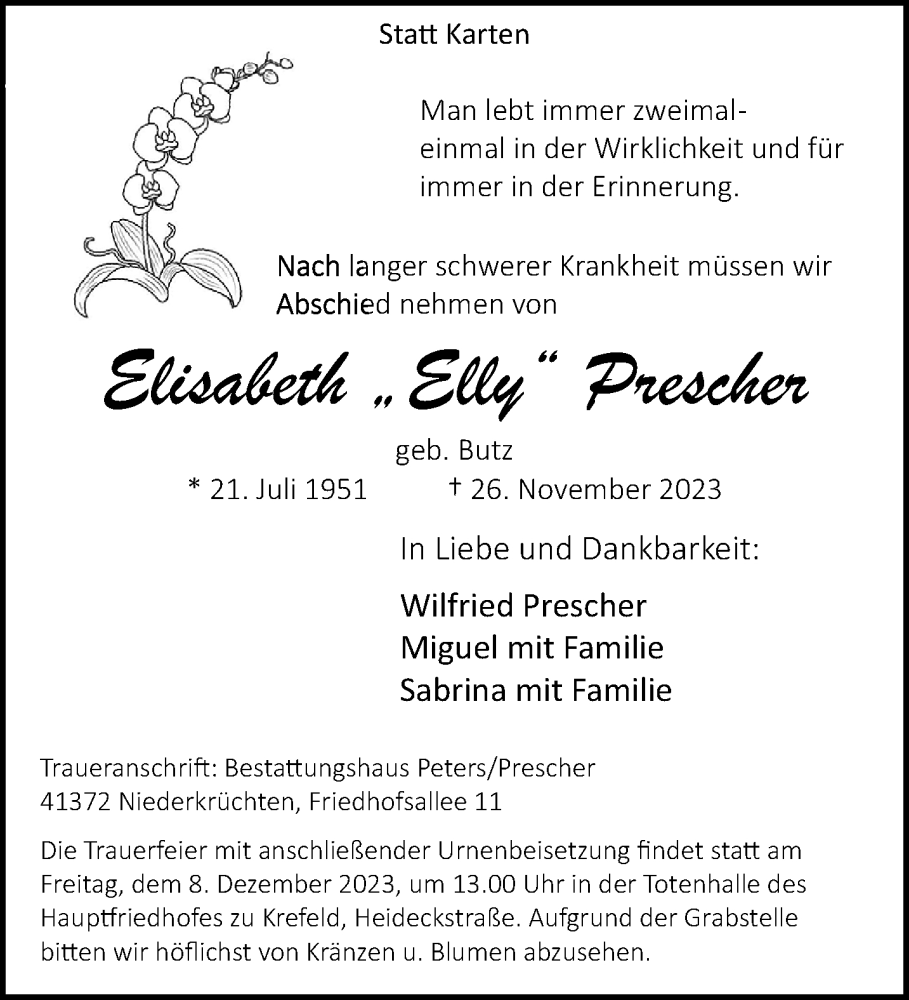  Traueranzeige für Elisabeth Prescher vom 03.12.2023 aus trauer.extra-tipp-moenchengladbach.de