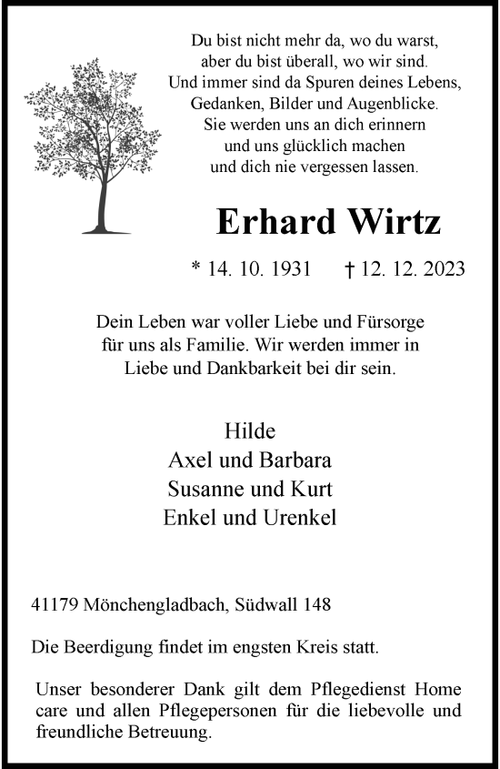 Traueranzeige von Erhard Wirtz von trauer.extra-tipp-moenchengladbach.de