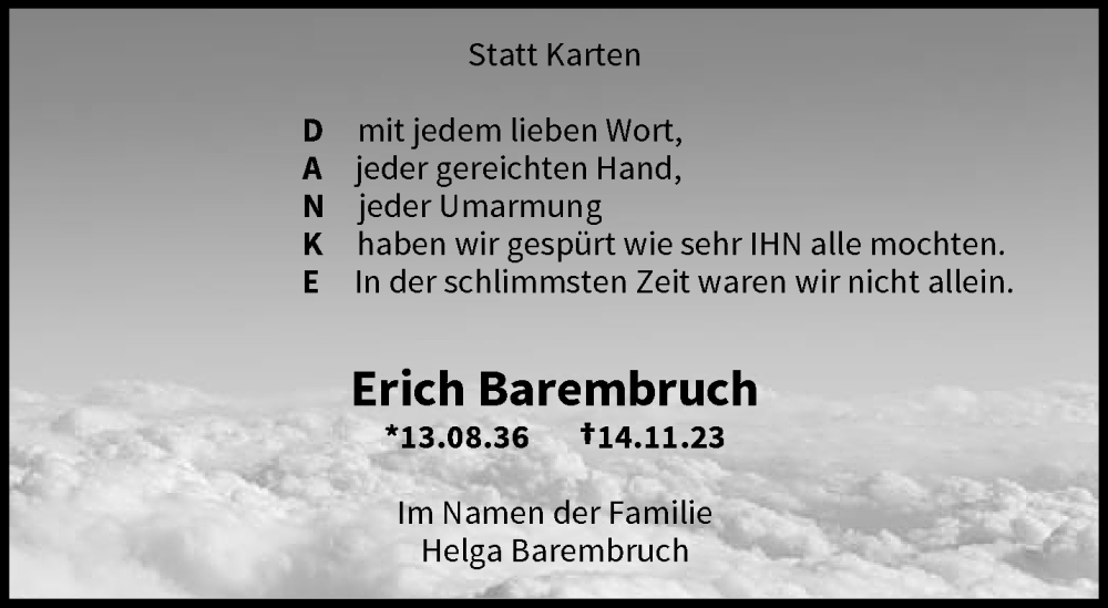  Traueranzeige für Erich Barembruch vom 30.12.2023 aus trauer.wuppertaler-rundschau.de