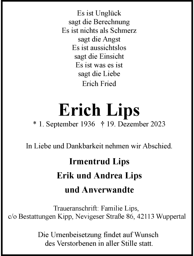  Traueranzeige für Erich Lips vom 30.12.2023 aus trauer.wuppertaler-rundschau.de