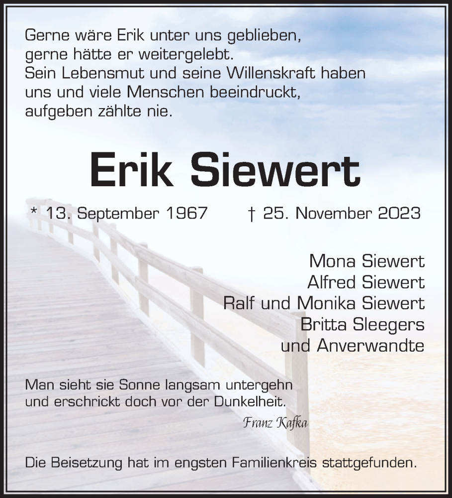  Traueranzeige für Erik Siewert vom 03.12.2023 aus trauer.extra-tipp-moenchengladbach.de