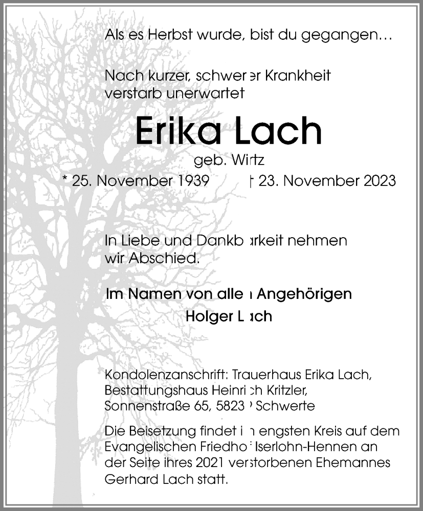 Traueranzeige für Erika Lach vom 03.12.2023 aus trauer.extra-tipp-moenchengladbach.de