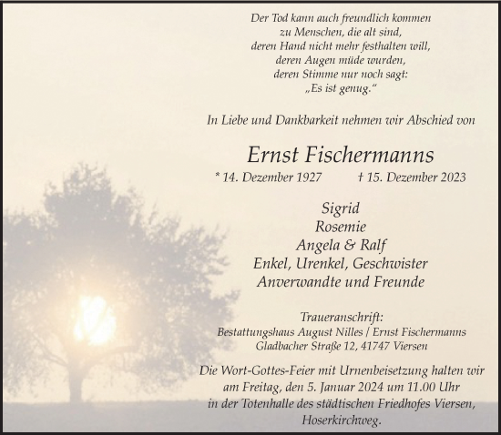 Traueranzeige von Ernst Fischermanns von trauer.extra-tipp-moenchengladbach.de