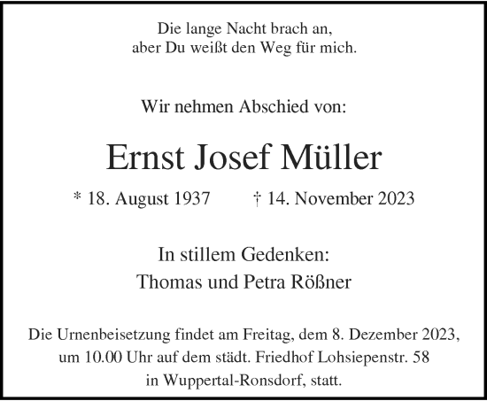 Traueranzeige von Ernst Josef Müller von trauer.wuppertaler-rundschau.de