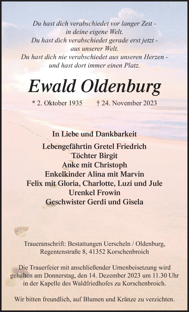  Traueranzeige für Ewald Oldenburg vom 03.12.2023 aus trauer.extra-tipp-moenchengladbach.de