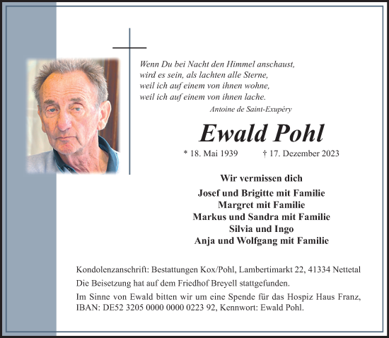 Traueranzeige von Ewald Pohl von trauer.extra-tipp-moenchengladbach.de