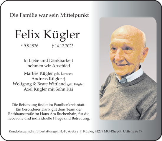 Traueranzeige von Felix Kügler von trauer.extra-tipp-moenchengladbach.de