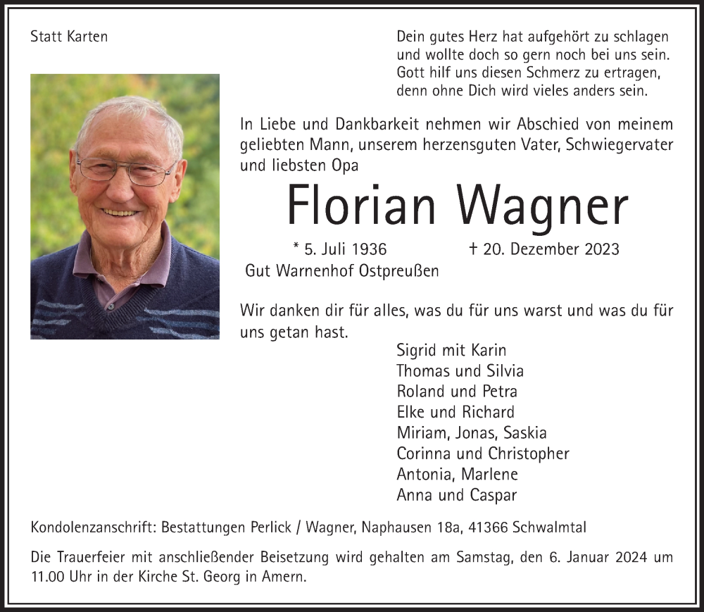  Traueranzeige für Florian Wagner vom 31.12.2023 aus trauer.extra-tipp-moenchengladbach.de