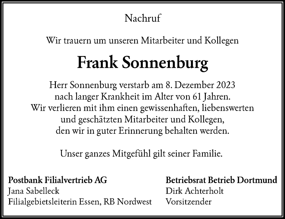  Traueranzeige für Frank Sonnenburg vom 23.12.2023 aus trauer.wuppertaler-rundschau.de