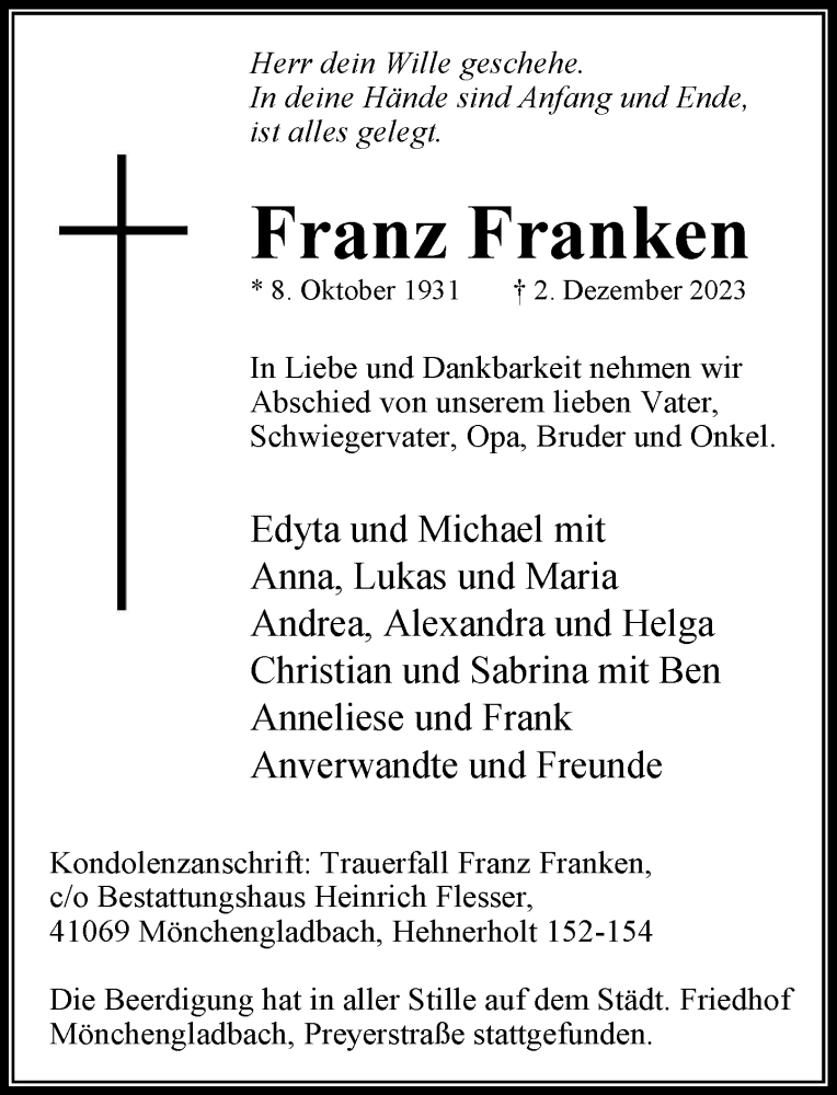  Traueranzeige für Franz Franken vom 10.12.2023 aus trauer.extra-tipp-moenchengladbach.de