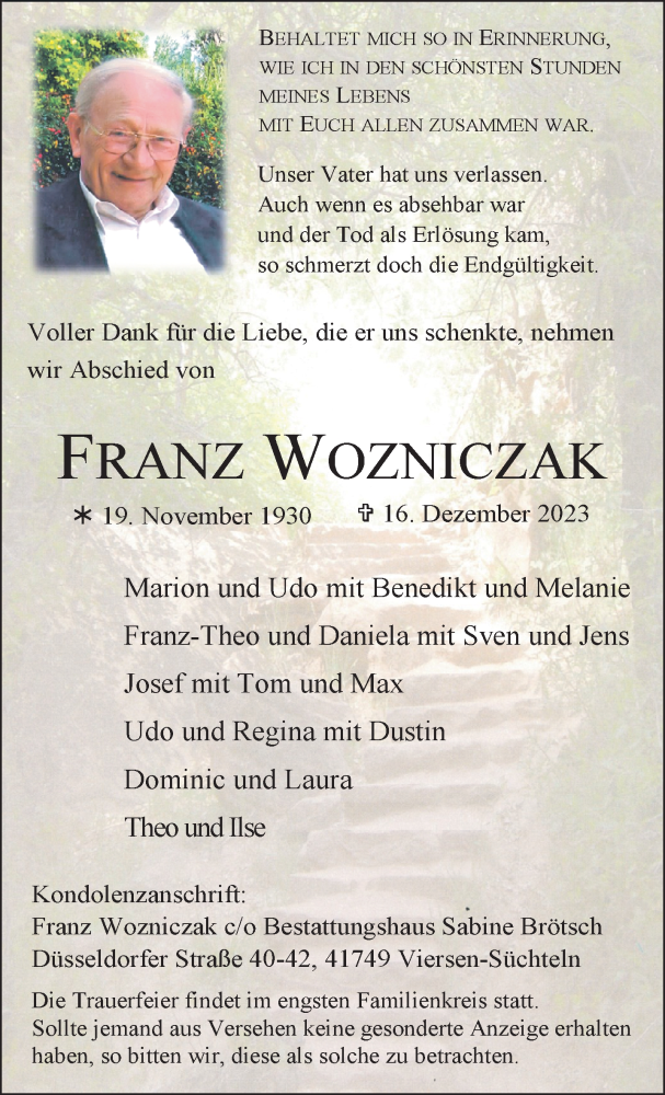  Traueranzeige für Franz Wozniczak vom 31.12.2023 aus trauer.extra-tipp-moenchengladbach.de