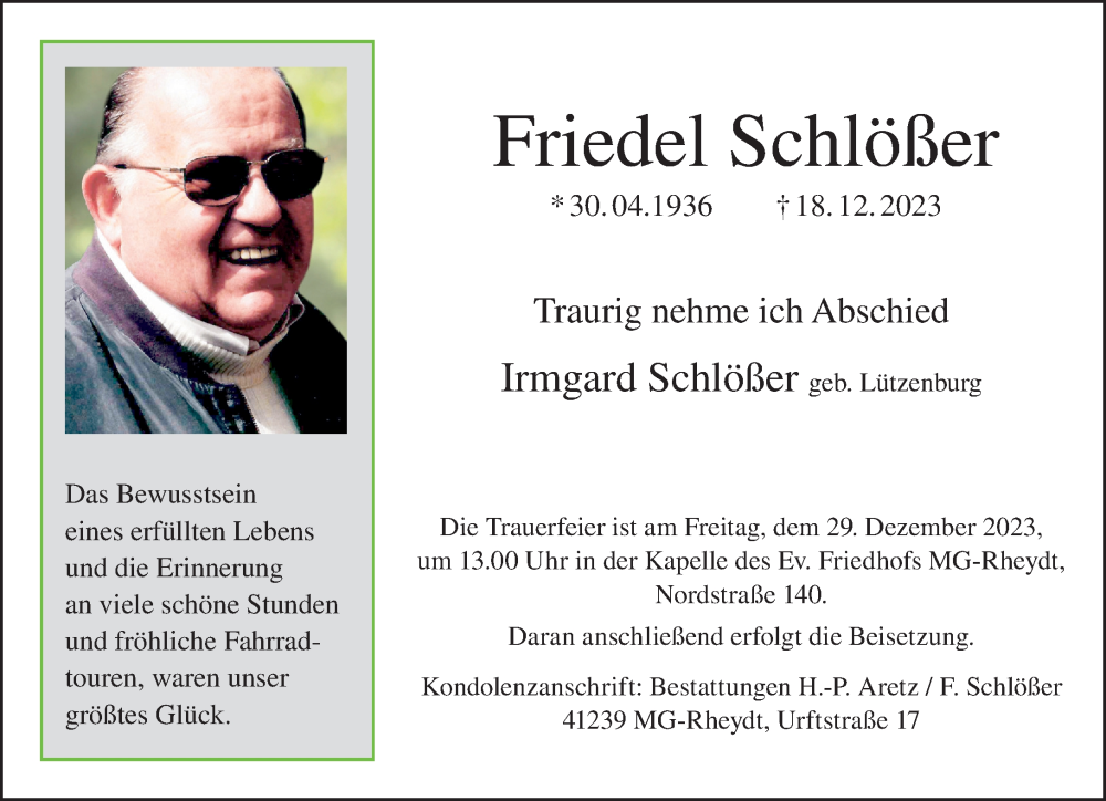  Traueranzeige für Friedel Schlößer vom 24.12.2023 aus trauer.extra-tipp-moenchengladbach.de
